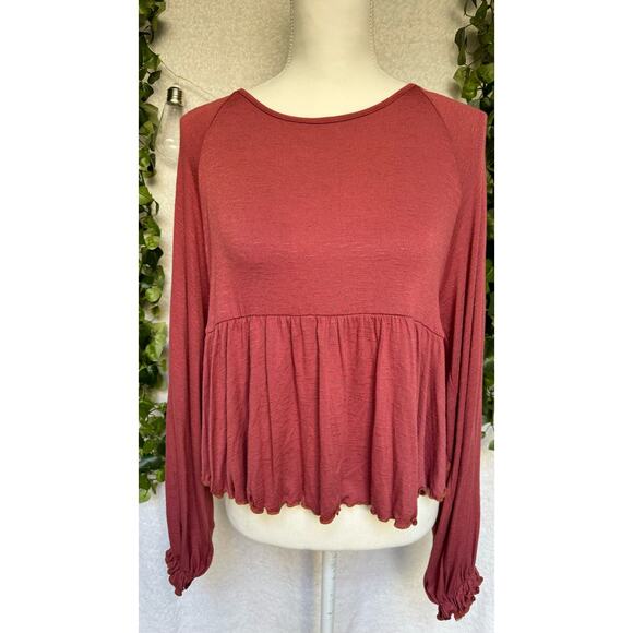 New Altar'd State Red Cropped Ruffled Long Sleeve Top Women's Medium - Picture 3 of 11